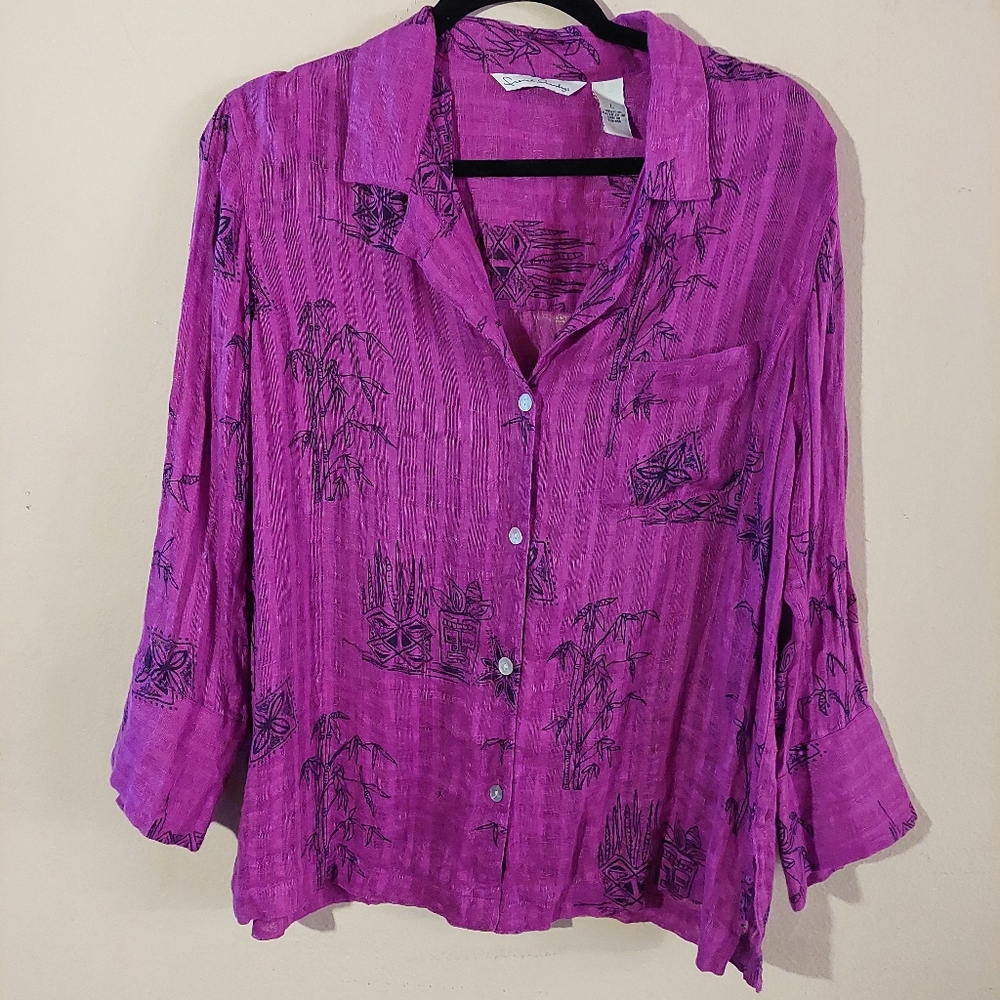 French Laundry Linen purple lightweight bamboo tiki print button down top. L